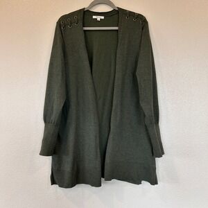 89th + Madison 2X Green Open Front Cardigan Grommet Shoulder Sweater Longline